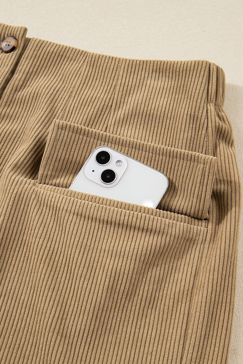 Camel Corduroy Buttoned Front Faux Pockets Mini Skirt