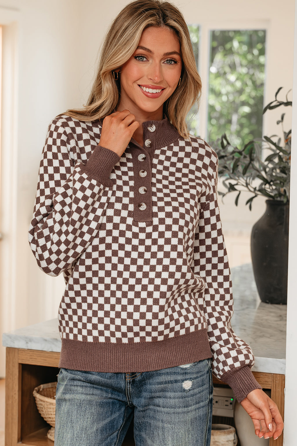 Dark Brown Half Button Ribbed Trim Checkerboard Knit Sweater