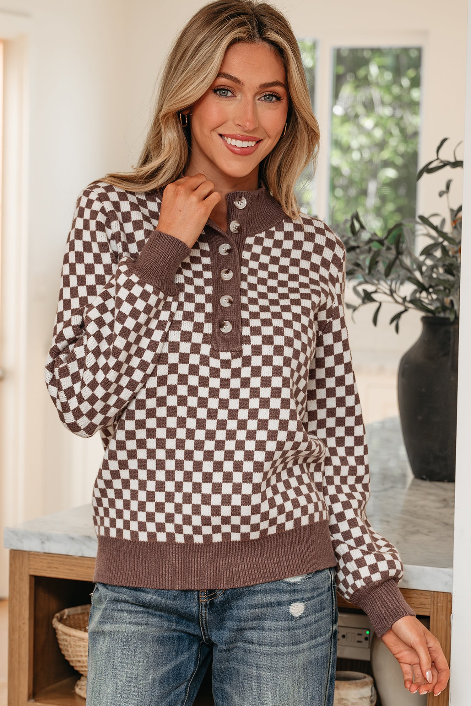 Dark Brown Half Button Ribbed Trim Checkerboard Knit Sweater