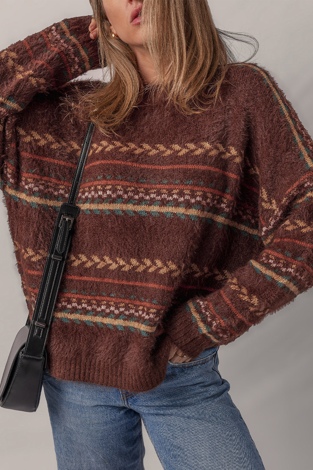 Brown Pattern Mohair Knitted Drop Shoulder Sweater