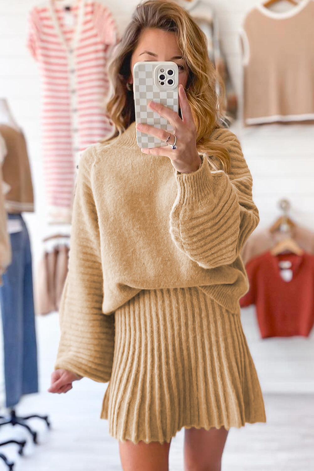 Camel brown High Neck Puff Sleeve Sweater Pleated Mini Skirt 2pcs Knitted Outfit