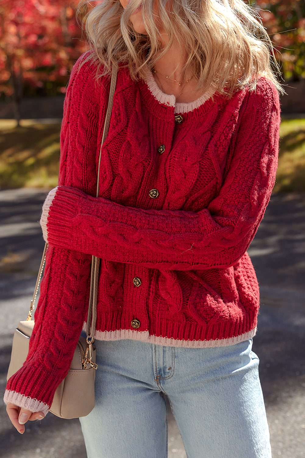Racing Red Color Contrast Edge Cable Knit Buttoned Cardigan