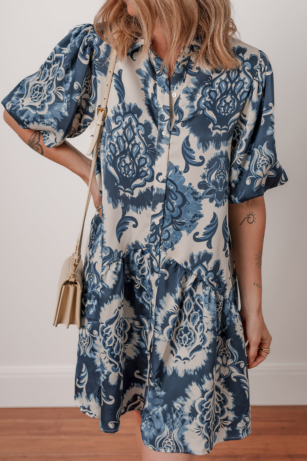 Blue Boho Floral Print Buttoned Collared Loose Fit Mini Dress