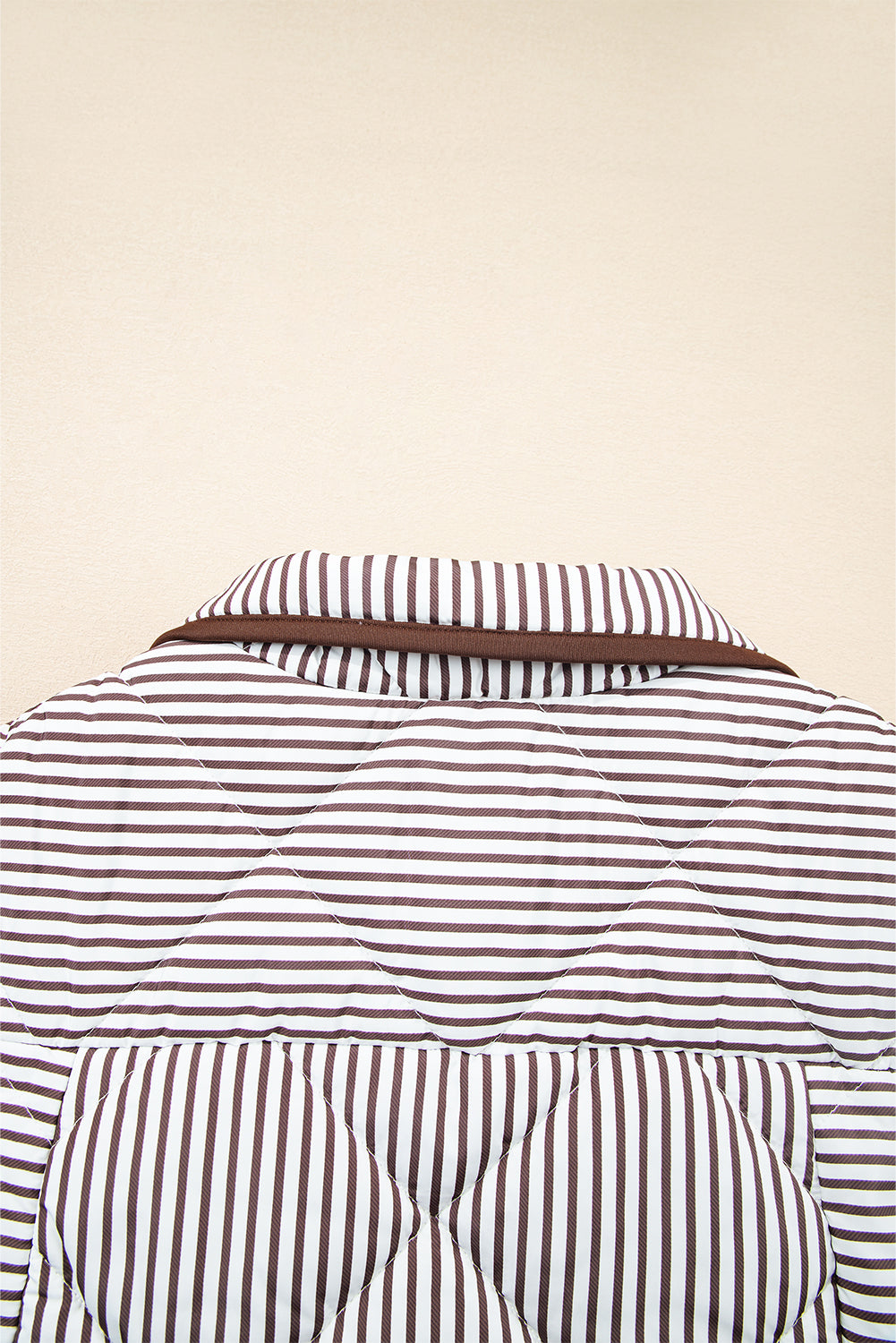 Brown Stripe Snap Button Scalloped Hem Collared Winter Vest