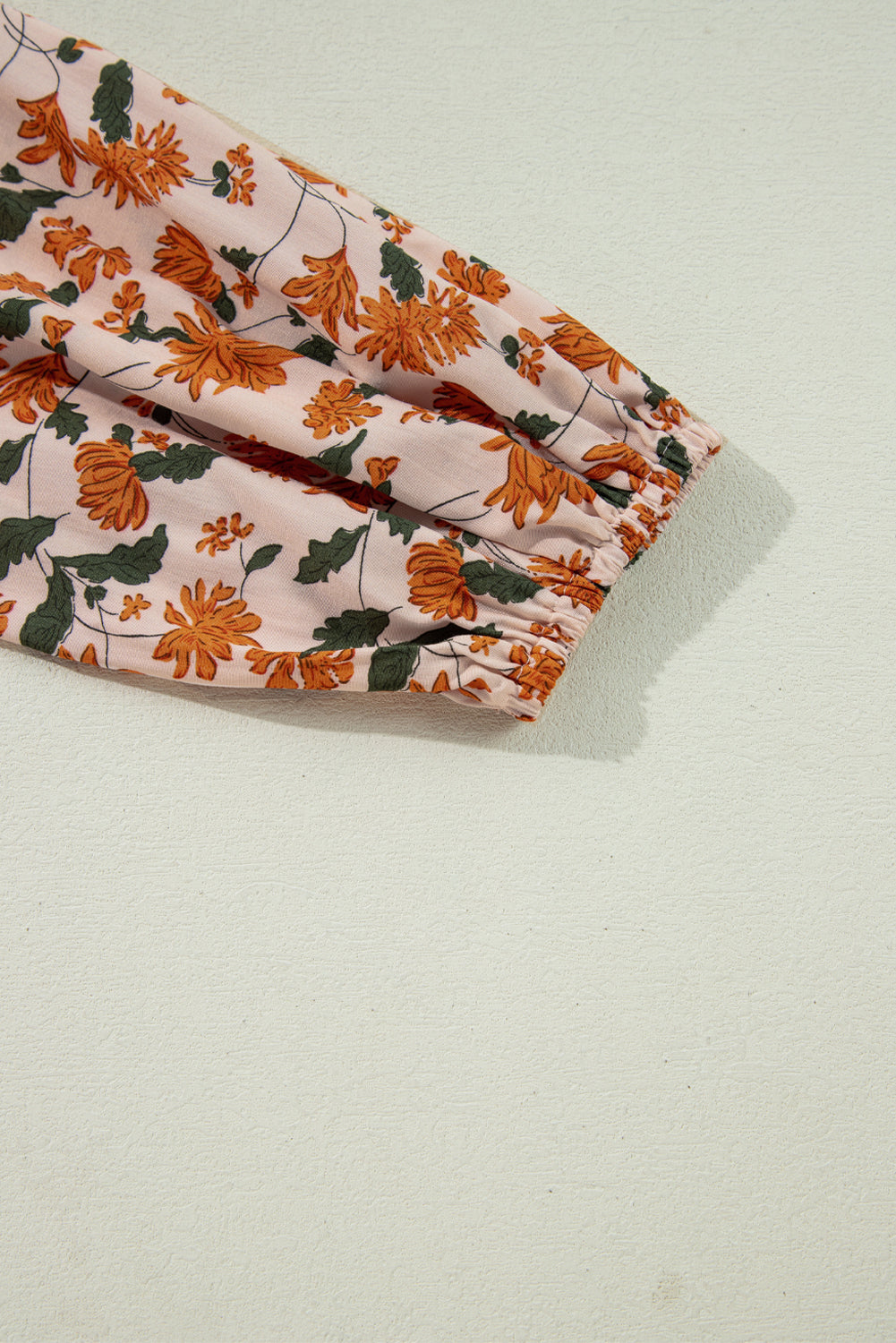 Beige Floral Deep V Neck Smocked Bust Bubble Sleeve Babydoll Dress