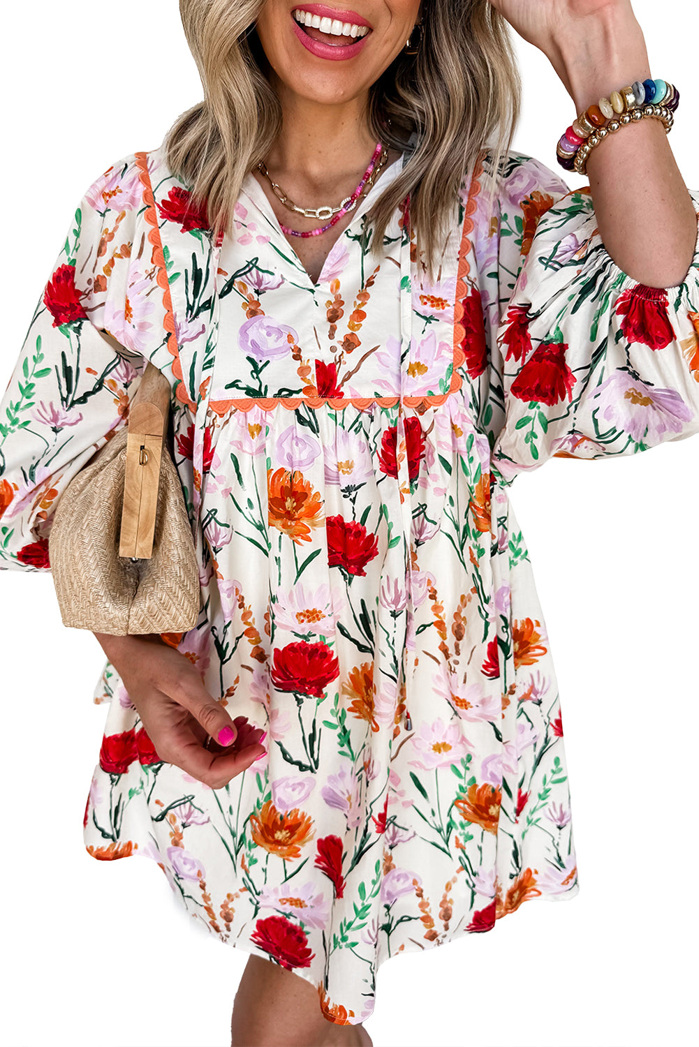 Beige Floral Print 3/4 Puff Sleeve Ricrac Trim Mini Dress