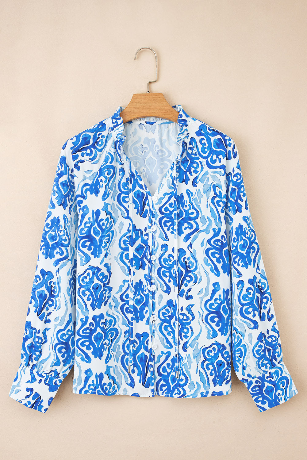 Sky Blue Printed Tie Split Neck Button Front Puff Sleeve Shirt