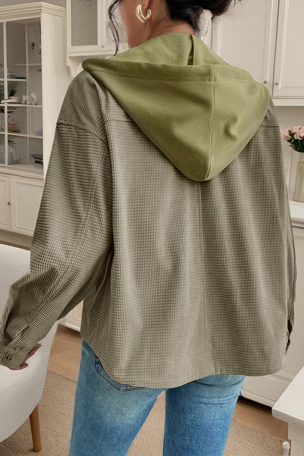 Laurel Green Solid Color Textured Patchwork Flap Pocket Shacket ...