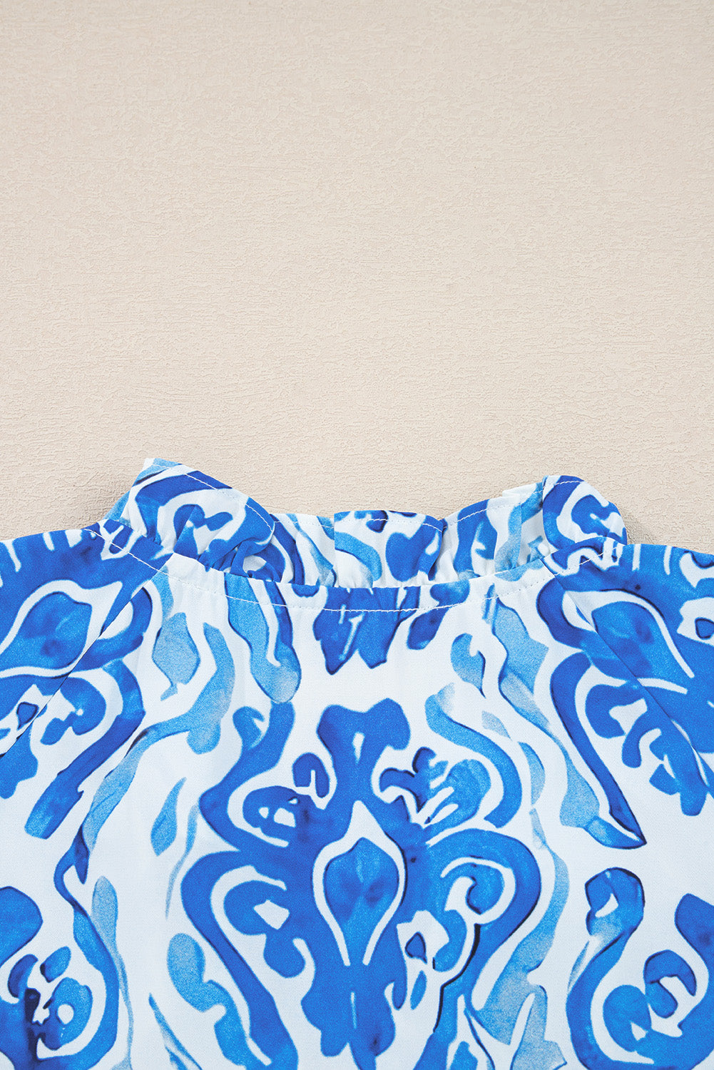 Sky Blue Printed Tie Split Neck Button Front Puff Sleeve Shirt