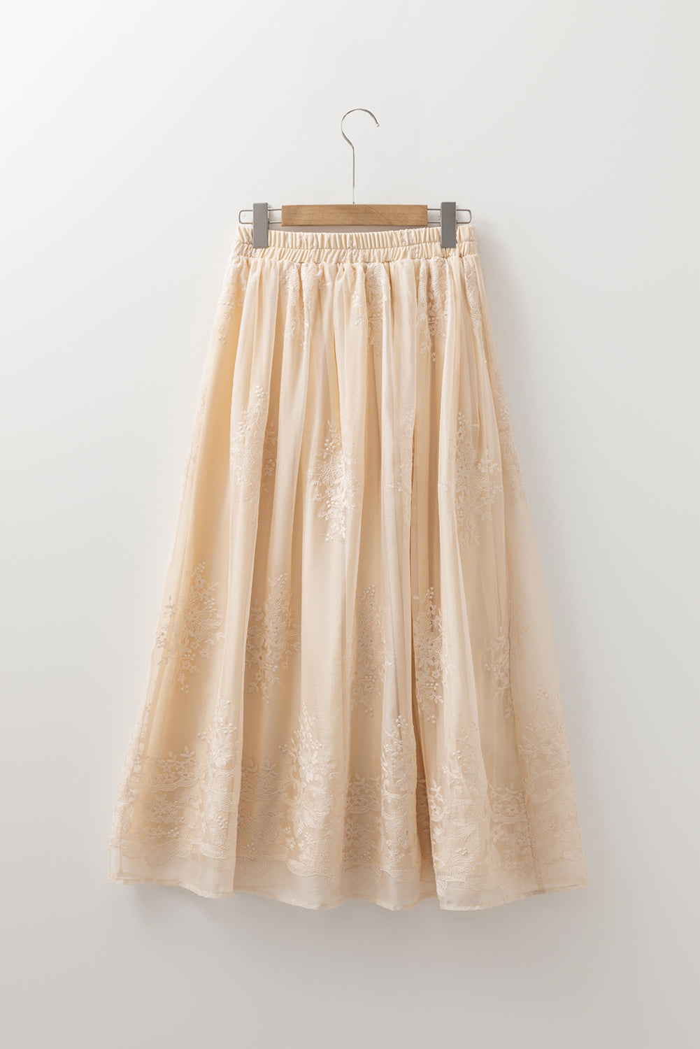 Oatmeal Embroidered Mesh Overlay Flowy Long Skirt