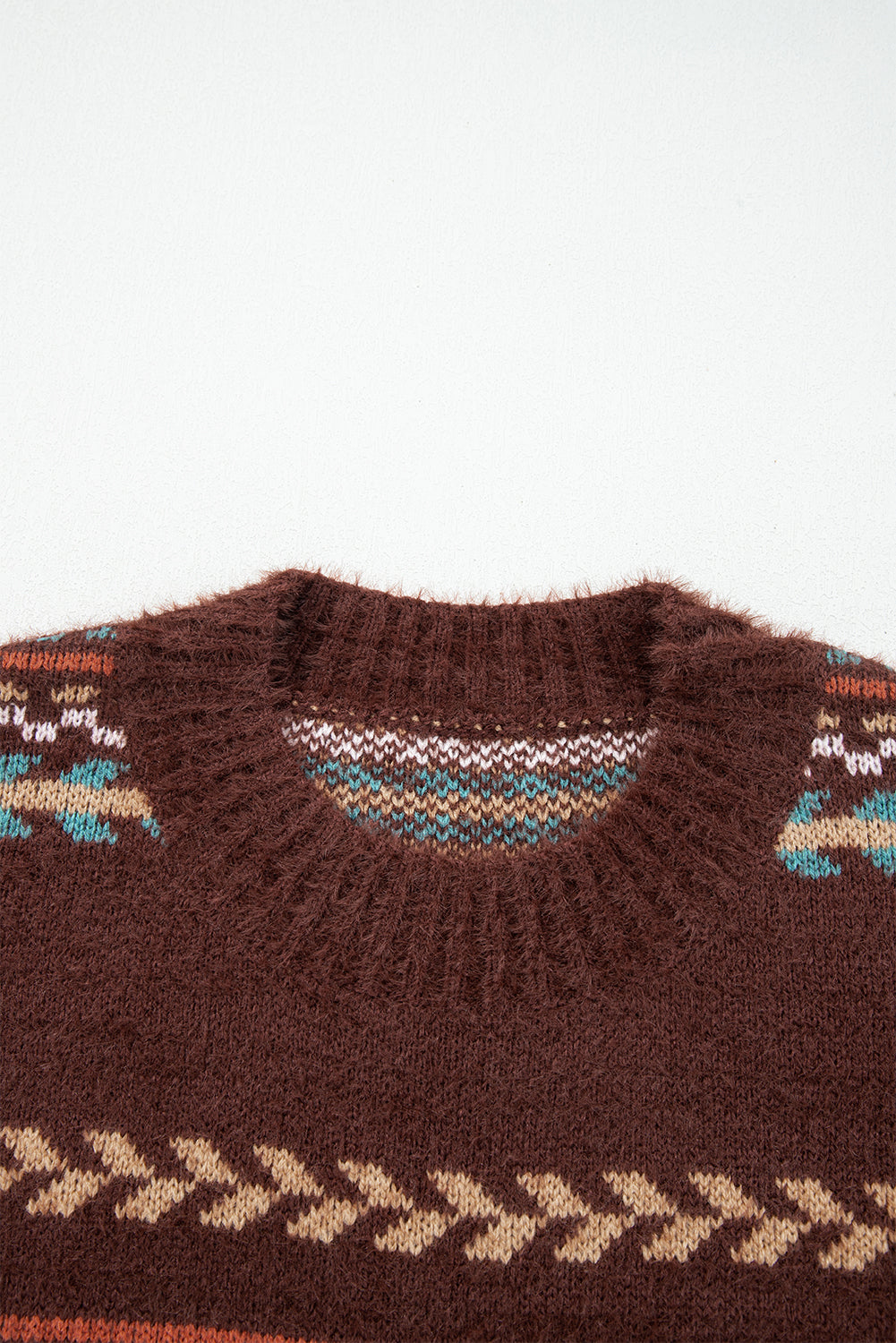 Brown Pattern Mohair Knitted Drop Shoulder Sweater