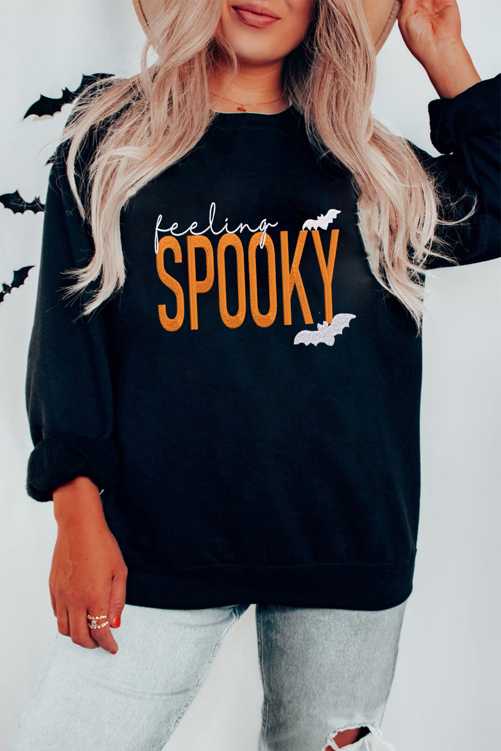 Black Feeling Spooky Halloween Embroidered Graphic Baggy Sweatshirt