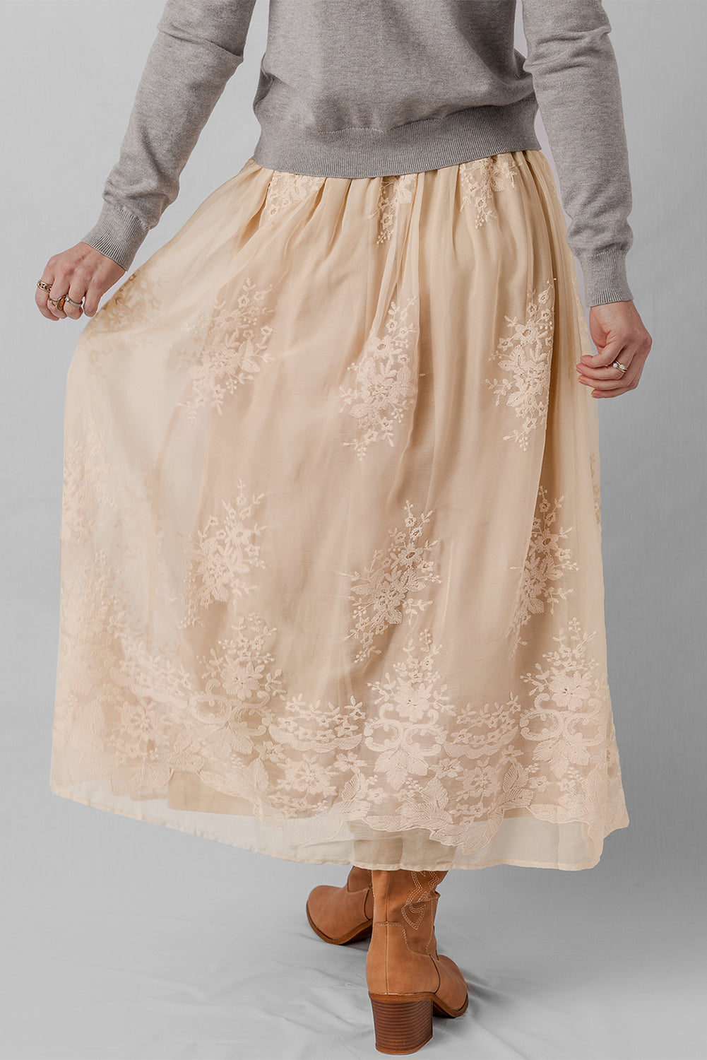 Oatmeal Embroidered Mesh Overlay Flowy Long Skirt
