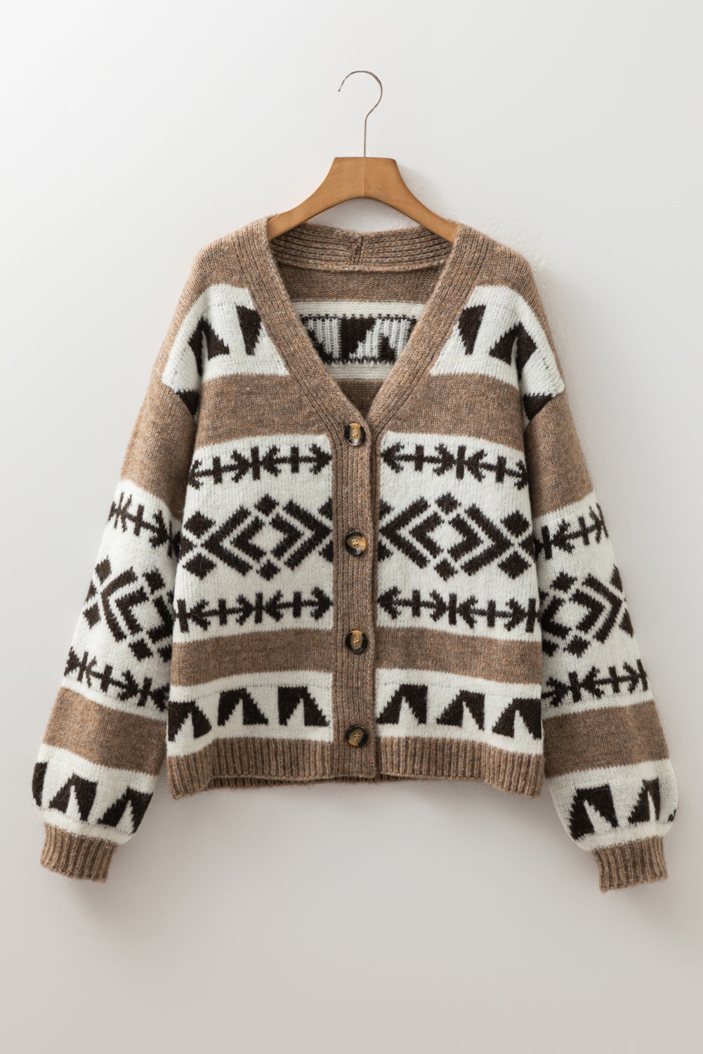 Dark Khaki Geometric Pattern Button Front V Neck Sweater Cardigan