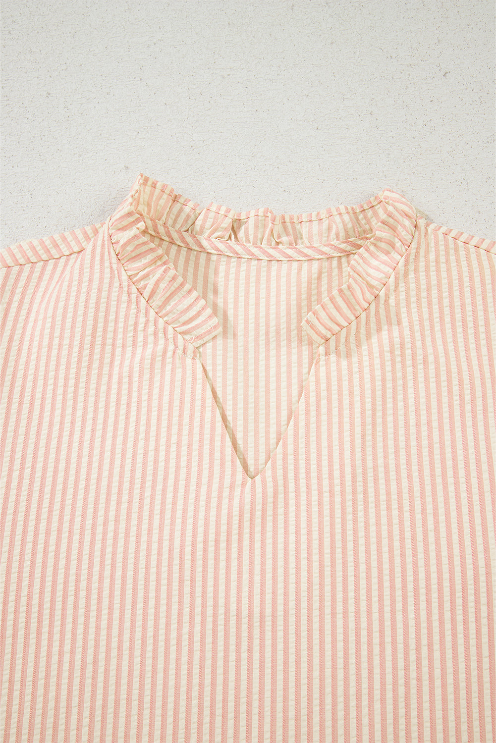 Pink Stripe Bow Knot Cuff Pearl Embellished Puff Sleeve V Neck Blouse