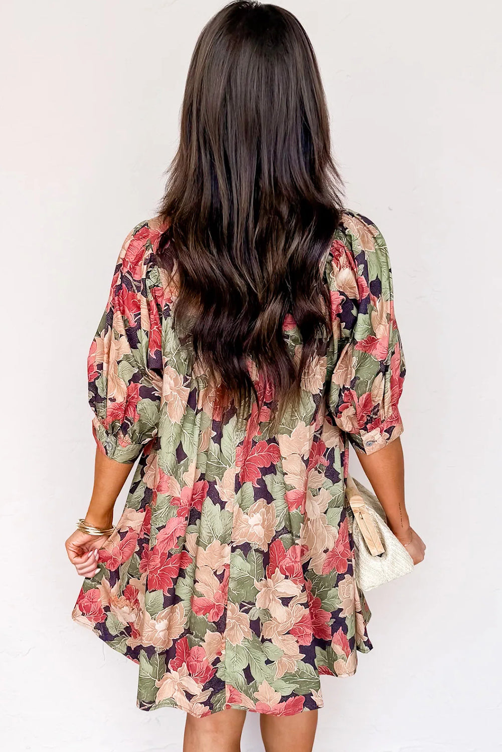 Green Floral Print Frilled Collar V Neck Half Sleeve Mini Dress