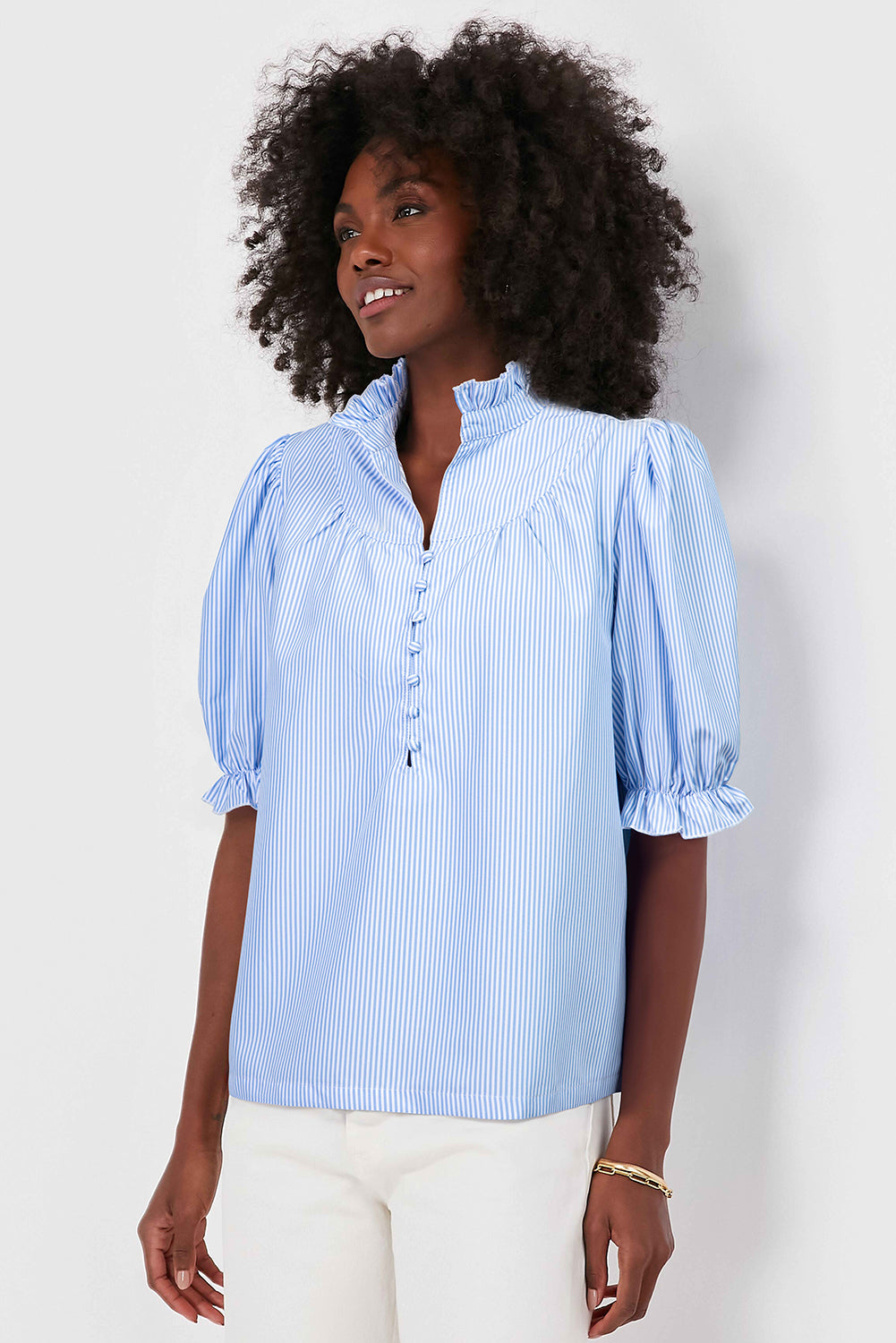 Sky Blue Stripe Ruffled Collar Puff Sleeve Half Buttons Blouse