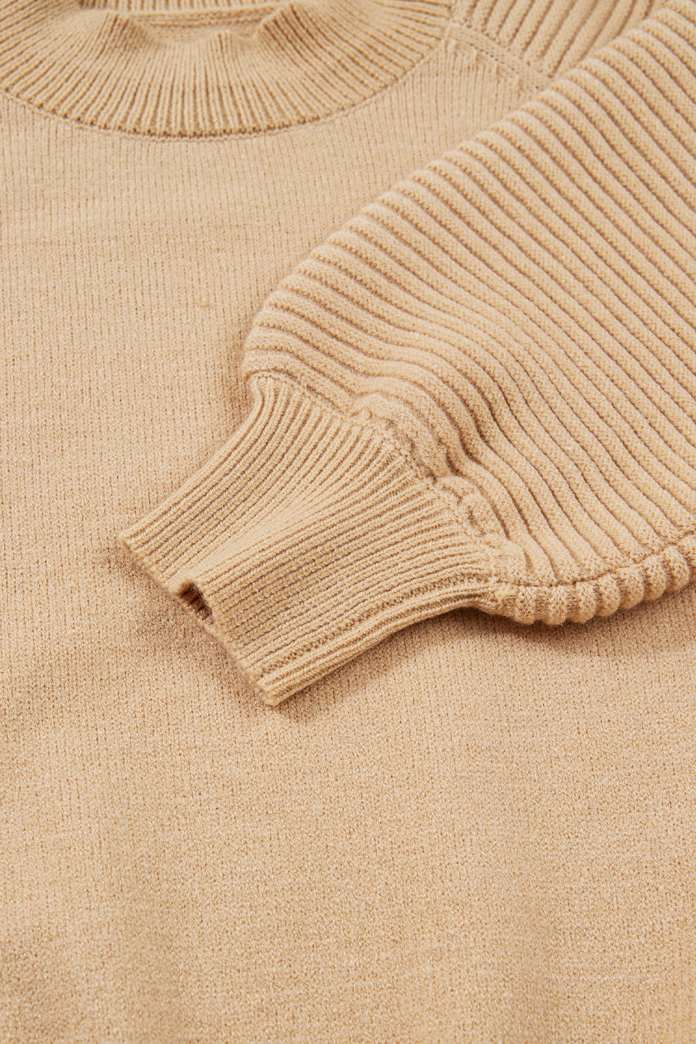 Camel brown High Neck Puff Sleeve Sweater Pleated Mini Skirt 2pcs Knitted Outfit