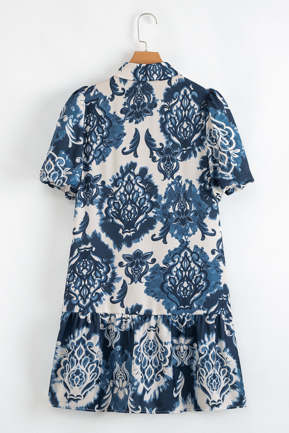 Blue Boho Floral Print Buttoned Collared Loose Fit Mini Dress