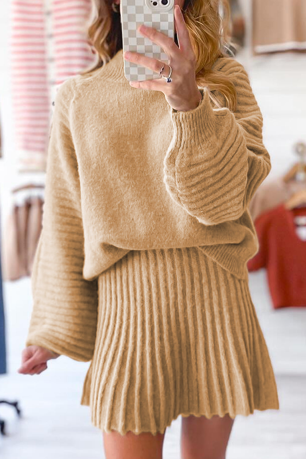 Camel brown High Neck Puff Sleeve Sweater Pleated Mini Skirt 2pcs Knitted Outfit