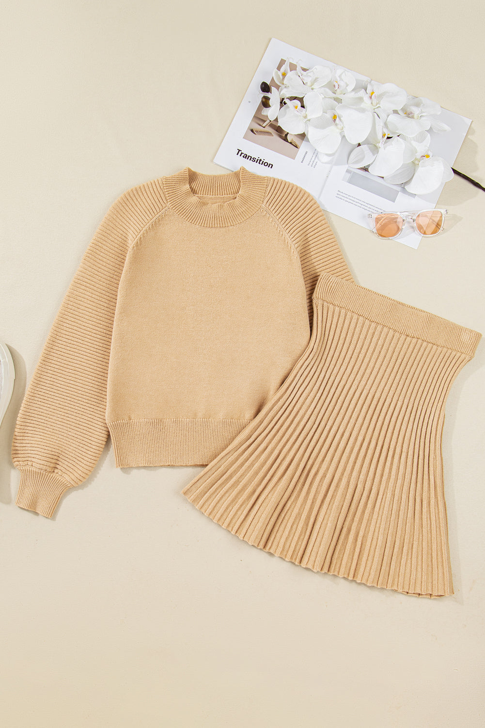 Camel brown High Neck Puff Sleeve Sweater Pleated Mini Skirt 2pcs Knitted Outfit