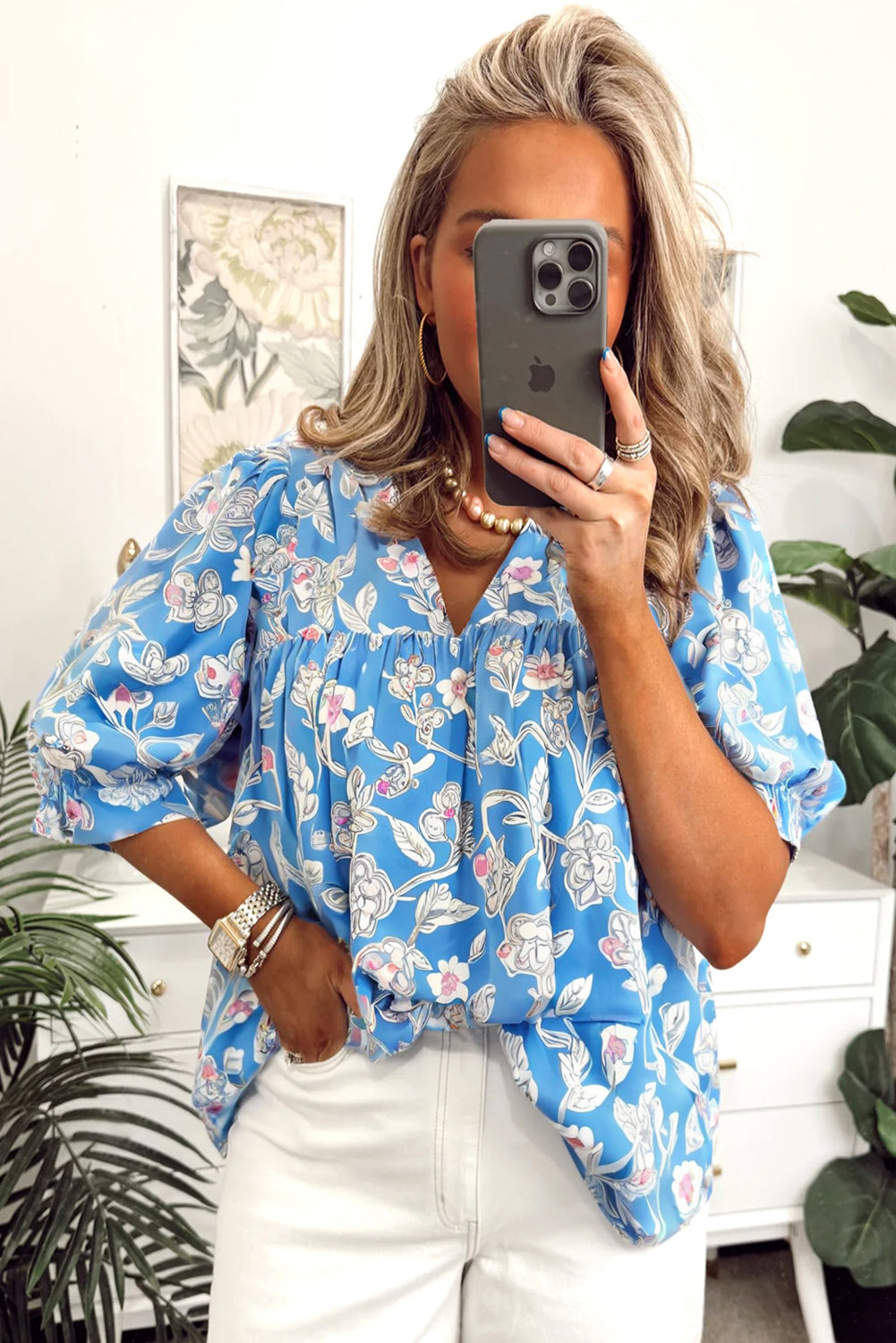 Sky Blue V Neck Floral Print 3/4 Puff Sleeve Blouse