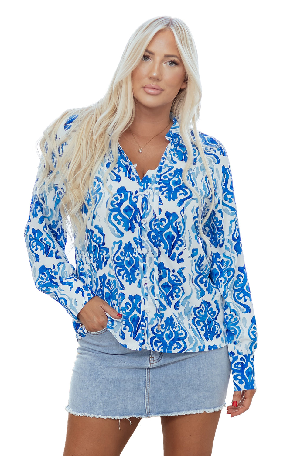 Sky Blue Printed Tie Split Neck Button Front Puff Sleeve Shirt