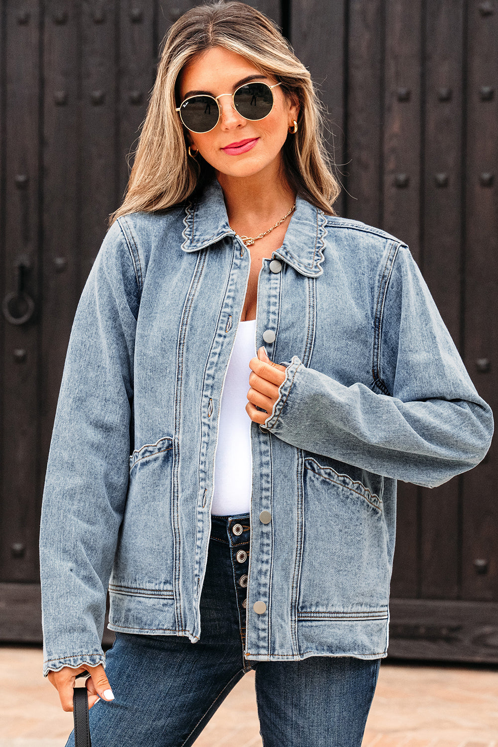 Myosotis Scallop Trim Collar Patched Pocket Button Up Denim Jacket
