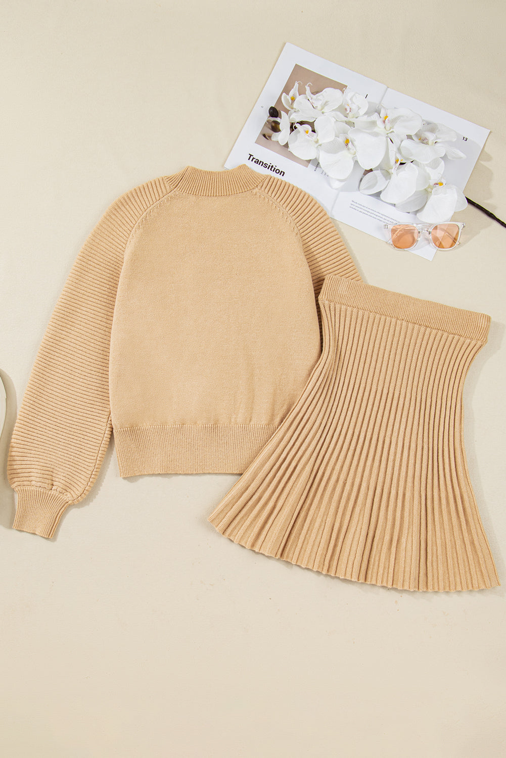 Camel brown High Neck Puff Sleeve Sweater Pleated Mini Skirt 2pcs Knitted Outfit