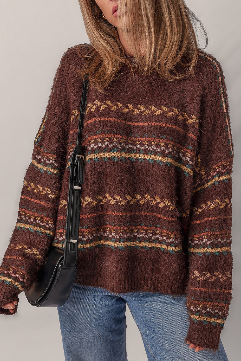 Brown Pattern Mohair Knitted Drop Shoulder Sweater