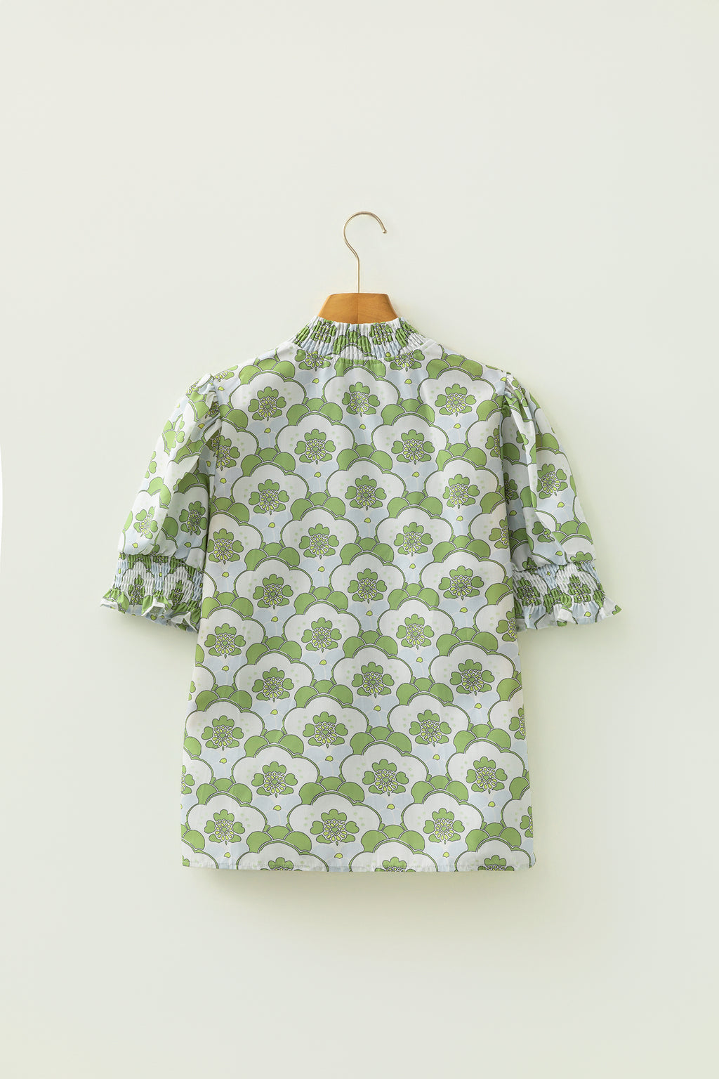 Green Floral Clouds Ruffled Short Sleeve Blouse