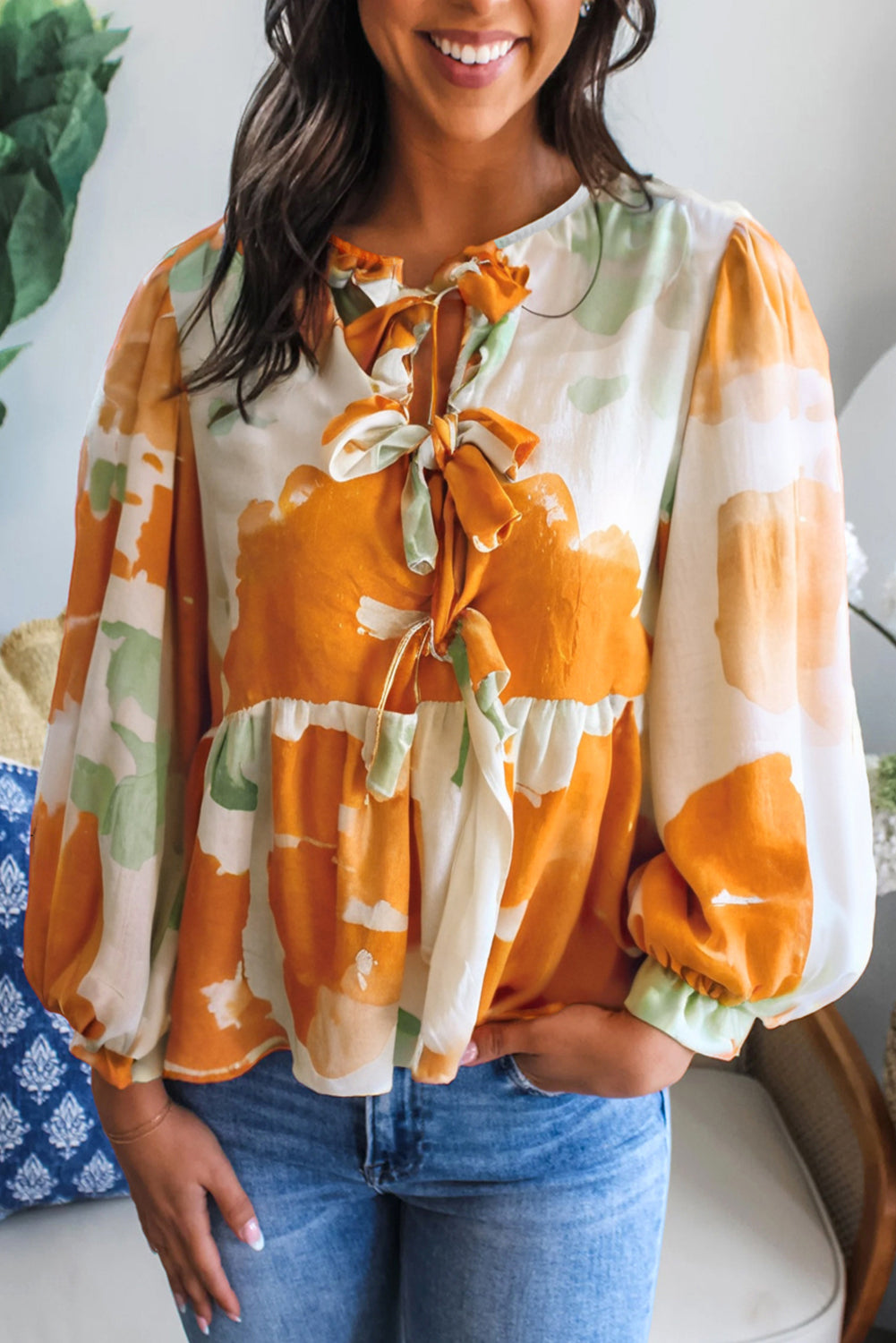 Carrot Abstract Print Bubble Sleeve Bow Front Top
