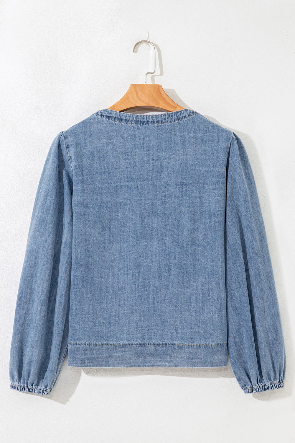 Dusk Blue Bow Tie Front Puff Sleeve Denim Top