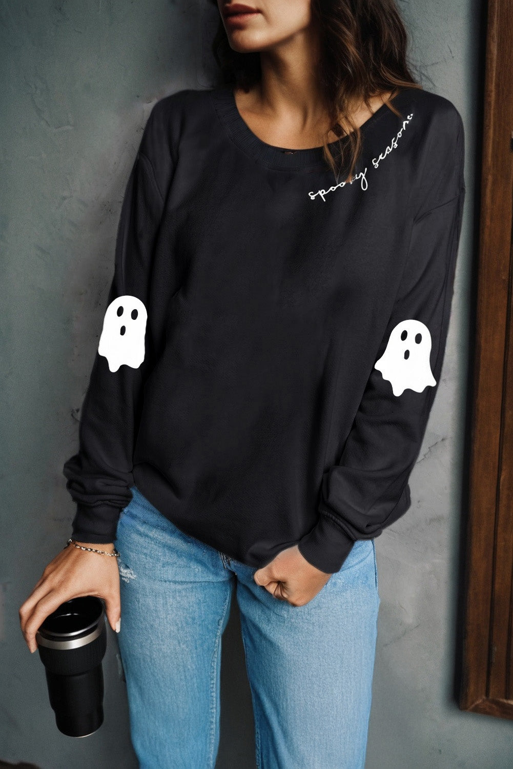 Black Spooky Season Halloween Ghost Printed Drop Shoulder Sweatshirt