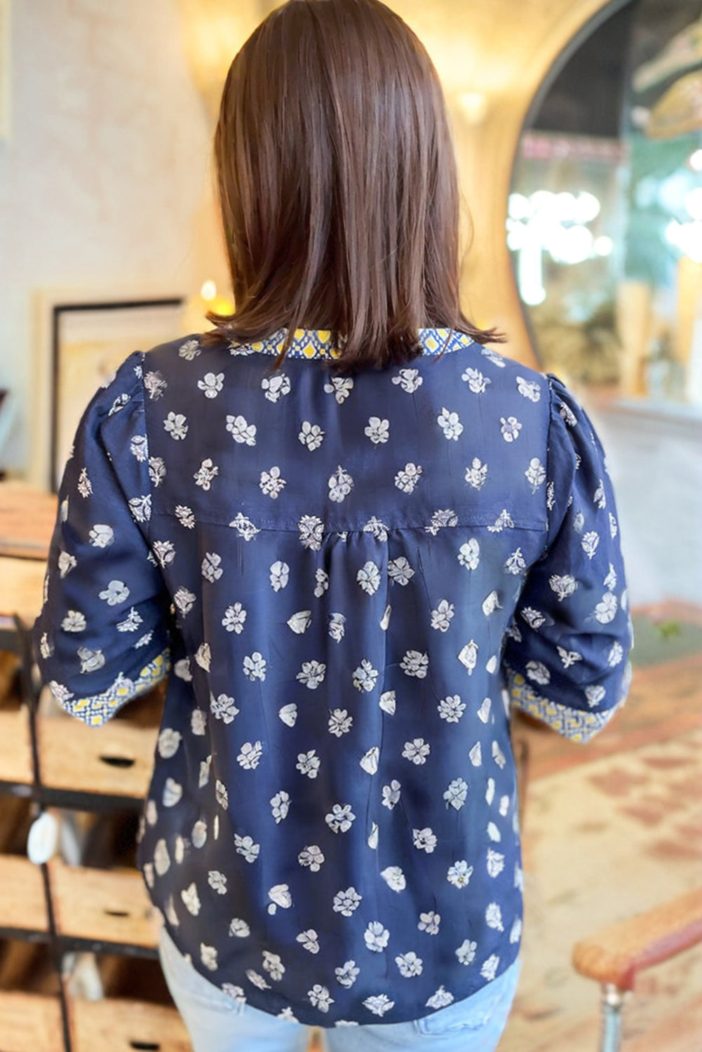 Blue Floral Print Half Sleeve Contrast Trim V Neck Blouse