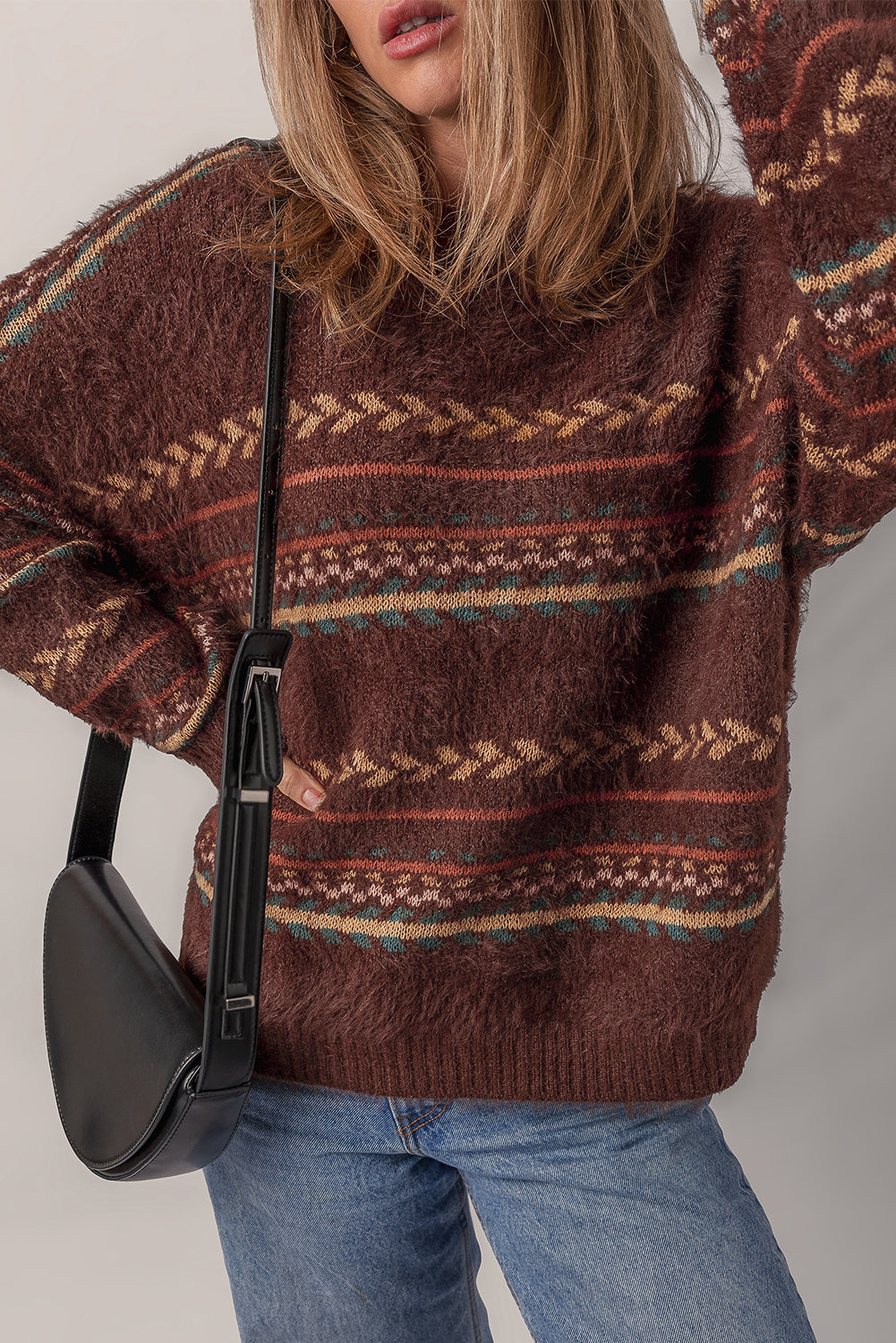 Brown Pattern Mohair Knitted Drop Shoulder Sweater