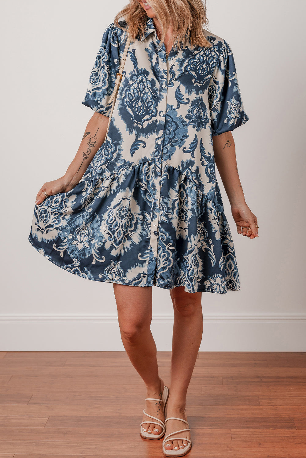 Blue Boho Floral Print Buttoned Collared Loose Fit Mini Dress