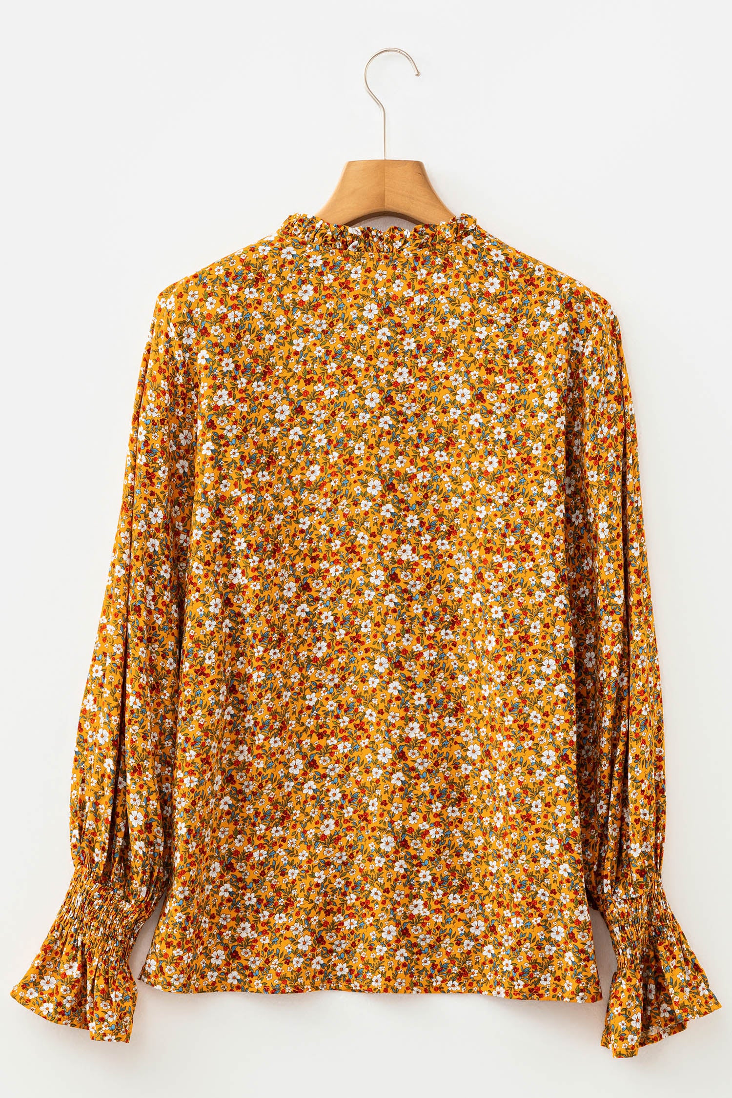 Orange Boho Floral Ruffled Bubble Sleeve V Neck Fall Blouse