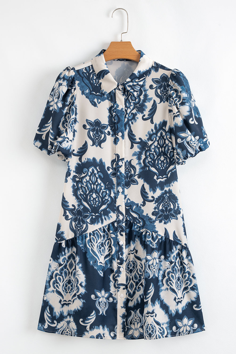 Blue Boho Floral Print Buttoned Collared Loose Fit Mini Dress