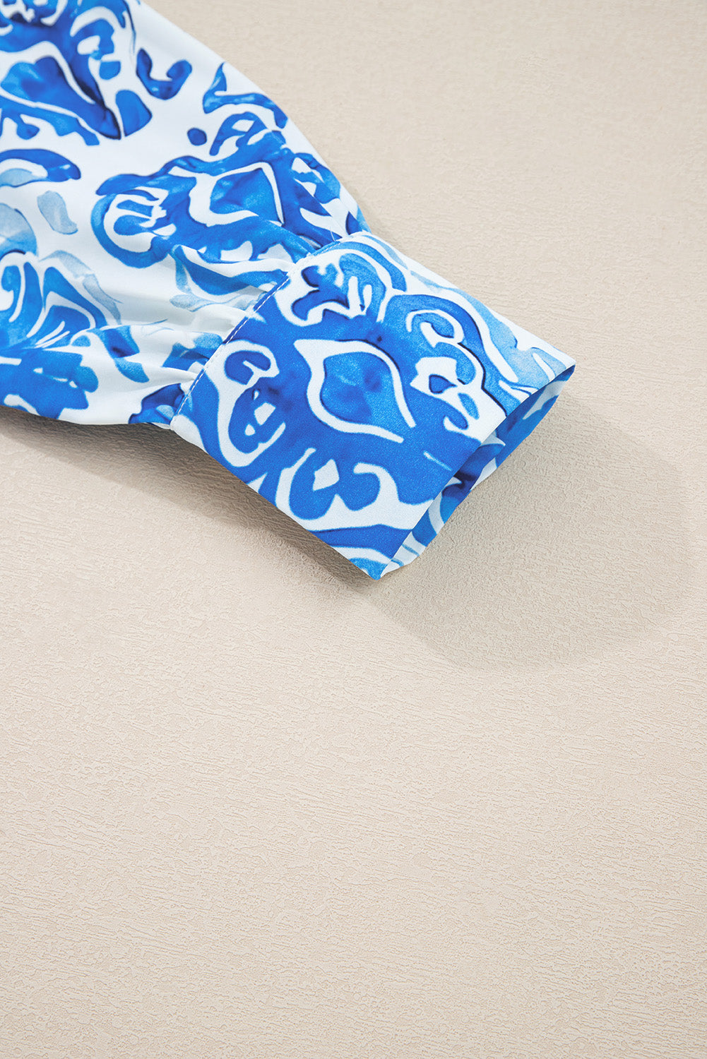 Sky Blue Printed Tie Split Neck Button Front Puff Sleeve Shirt