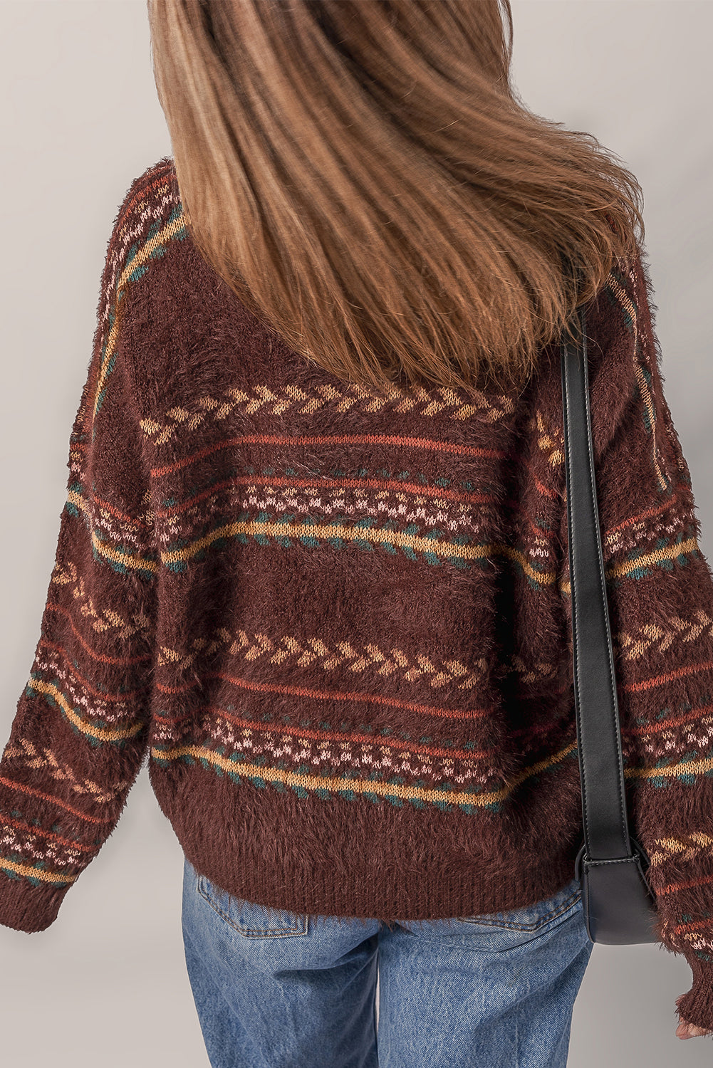 Brown Pattern Mohair Knitted Drop Shoulder Sweater