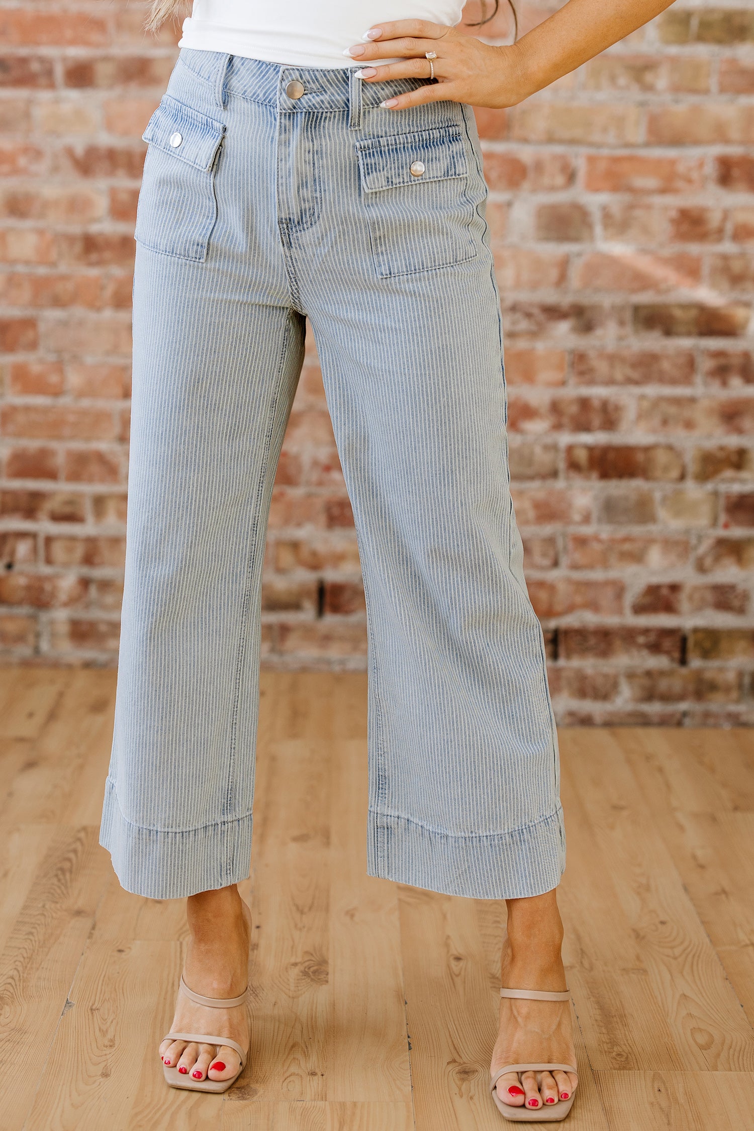 Sky Blue Stripe Button Flap Pocket Cuffed Hem Wide Leg Jeans