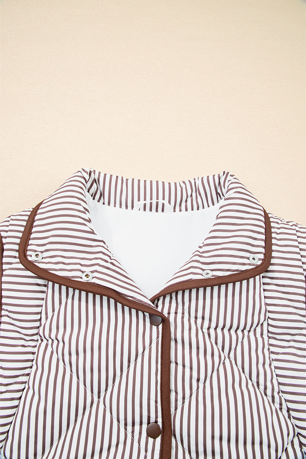 Brown Stripe Snap Button Scalloped Hem Collared Winter Vest