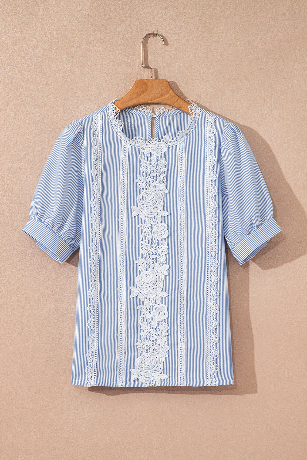 Sky Blue Striped Lace Floral Applique Puff Sleeve Blouse