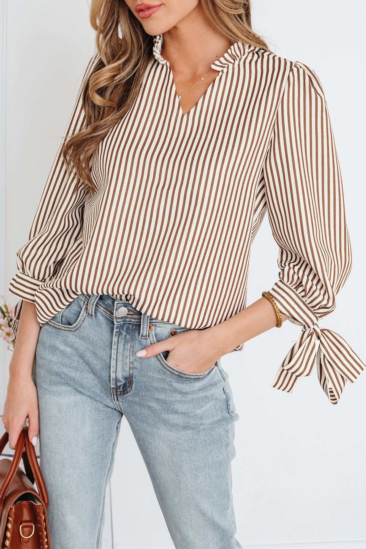 Straw Yellow Striped Print Tied Cuffs Split Neck Seersucker Blouse