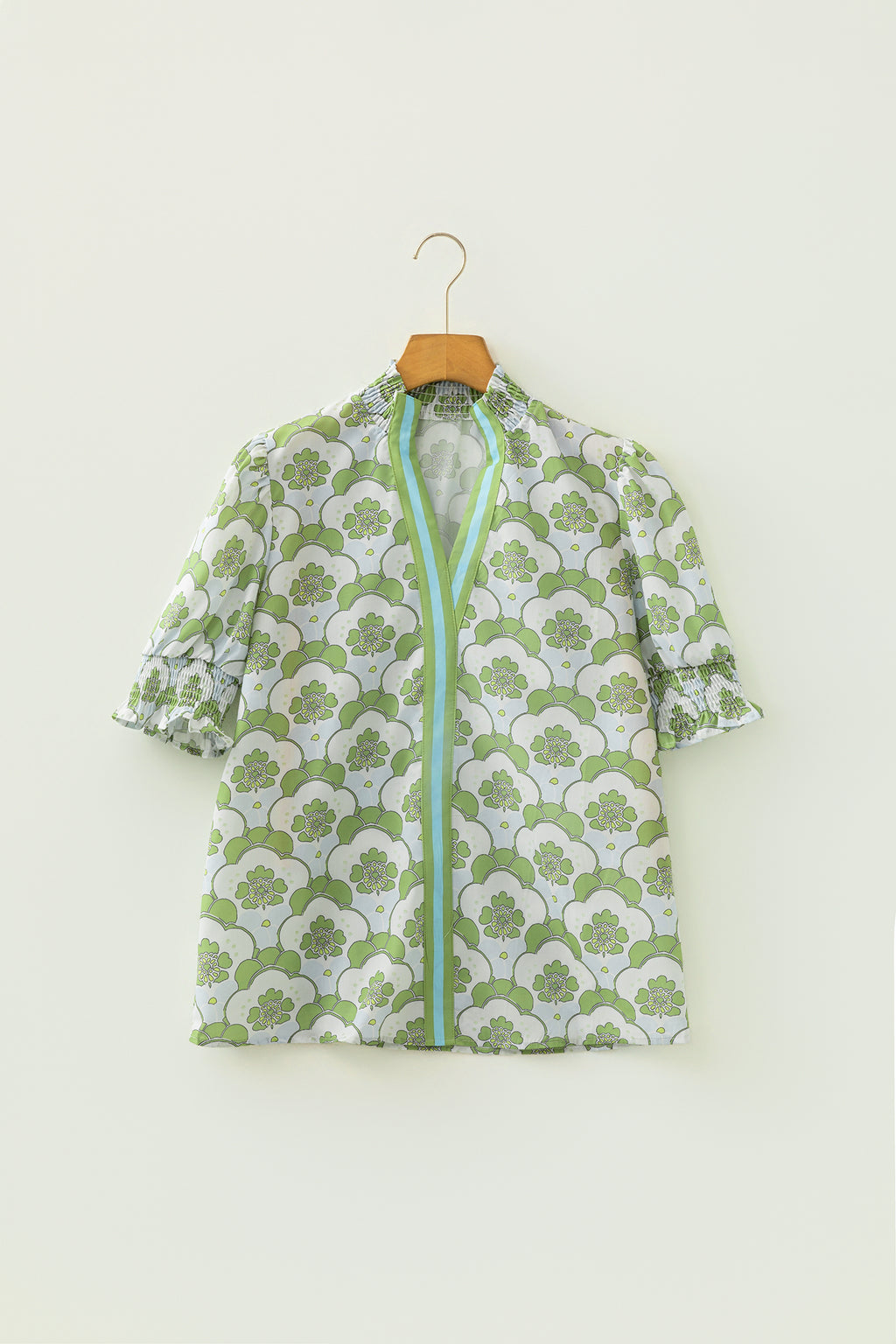Green Floral Clouds Ruffled Short Sleeve Blouse