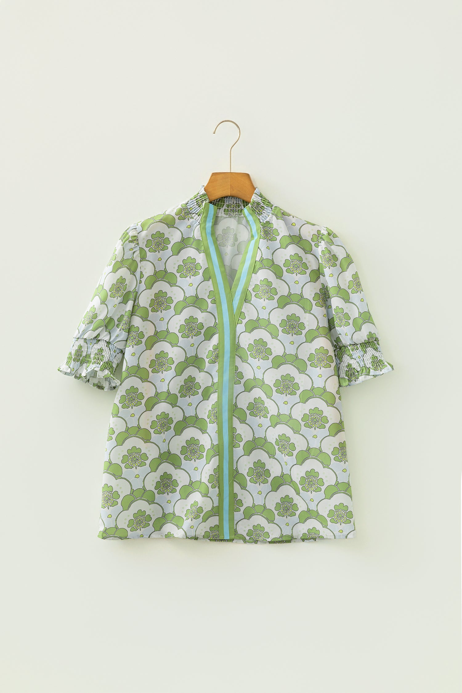 Green Floral Clouds Ruffled Short Sleeve Blouse