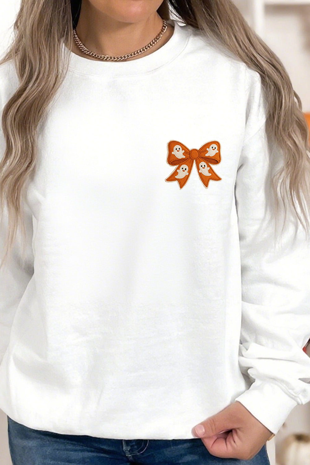 White Cute Halloween Ghost Bow Embroidered Graphic Sweatshirt