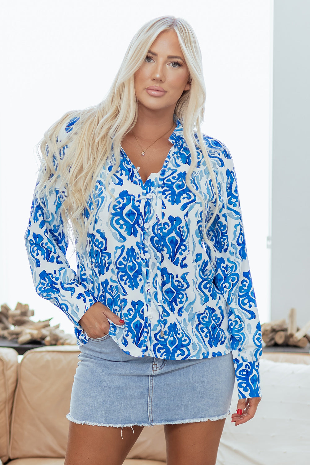 Sky Blue Printed Tie Split Neck Button Front Puff Sleeve Shirt