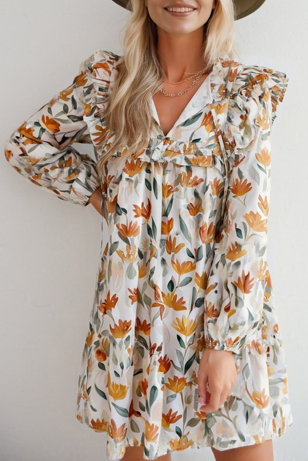 Yellow Floral Print Tie Neck Frilled Detail Long Sleeve Mini Dress